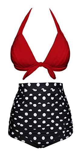 Angerella Vintage High Waisted Two Piece Swimwear Bathing Suits, US10-12, Tag Size 2XL, Red(Polka Dot)