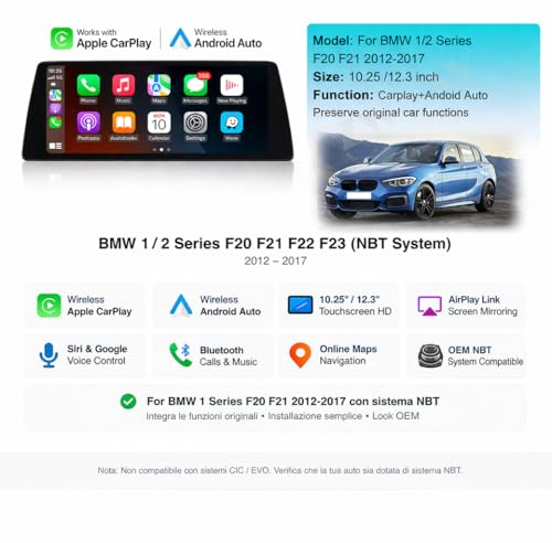VIBEX 10.25 Inch Car Radio Carplay Wireless & Android Wireless Car Radio for BMW 1 2 Series F20/F21/F22/F23 2012-2016 with NBT System, Touchscreen Stereo Receiver with AirPlay Link, Siri
