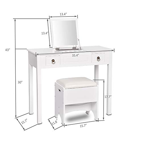 Amooly Vanity Set with Flip Top Mirror Makeup Dressing Table Writing Desk with 2 Drawers Cushioned Stool 3 Removable Organizers Easy Assembly