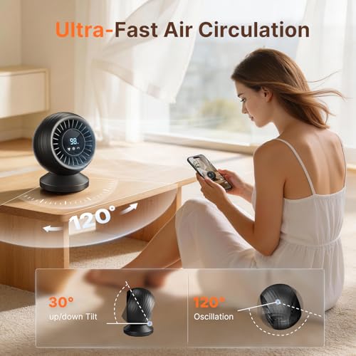 Quiet Table Fan 22dB, Powerful Turbo Air Circulation Fan with LCD Display, 120° Oscillation, 8 Speeds, Desk Fan for Office, Bedroom and Kitchen, Black