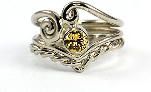 Angelic Natural Yellow Canary Sapphire Script Ring Set - 14k-18k Palladium White, Rose Gold or Yellow Gold - Wedding Band Engagement Ring Set, Promise Ring, Anniversary - Handmade