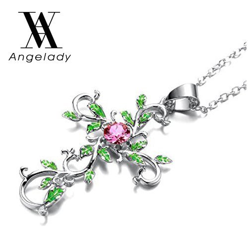 Angelady God We Trust Green Tree Women Cross Pendant Necklace Crucifix Chain for Women Girls Mother Moms Wife Girlfriend Gifts,Pink Crystal from Swarovski