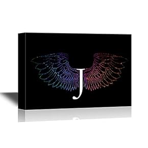 Wings Series Canvas Wall Art - Colorful Wings with The Letter J - Gallery Wrap Modern Home Art | Ready to Hang - 12x18 inches