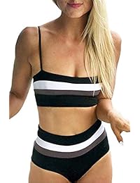 Bikini para dama, diseño de rayas, color bloque, cintura alta, traje de baño de dos piezas