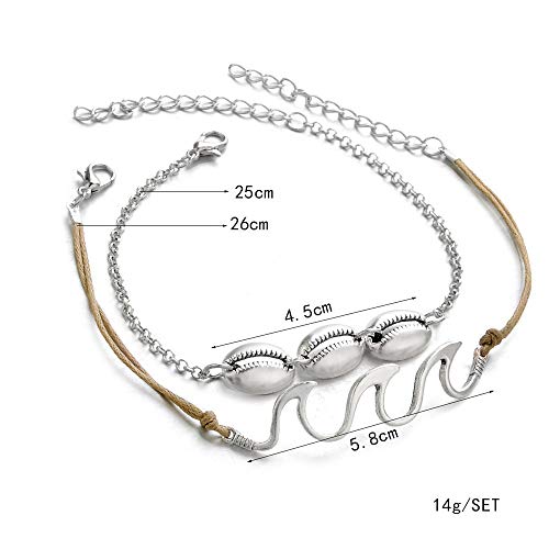 2 pcs Bohemia Anklets for Women Wave Alloy Shell Bracelets Rope Beach Foot Chain Jewelry GIF (Silver) - Thumbnail 5