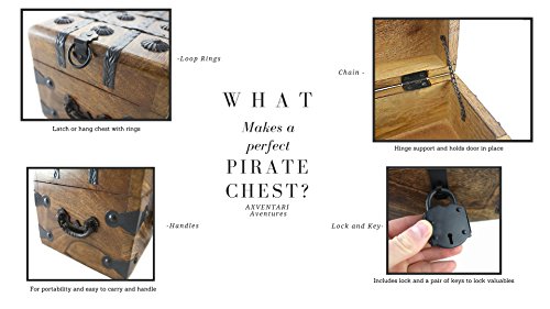 Well Pack Box Wooden Pirate Treasure Chest 8" x 6" x 5" Medium Authentic Includes Antique Strong Iron Lock With 2 Skeleton Keys Great For Parties, Halloween, Holidays and Birthdays