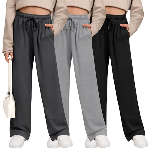 LessonZoo 3 Pack Girls' Sweatpants Wide Leg Drawstring Casual Kids Joggers Open Bottom Loose Solid Teen Pants with Pockets