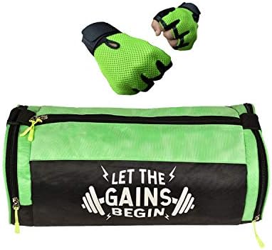 Snipper Combo of Sports Gym and Fitness Kit Let The Gains Begin (Polyester 30 L) Gym Bag and Gym Gloves with Wrist Support Free Size (Green) for Men & Women