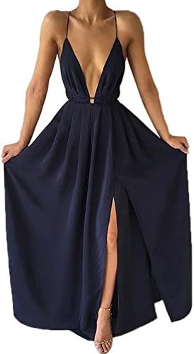 DUBACH Womens Chiffon Spaghetti Strap Deep V Neck High Slit Maxi Beach Dress