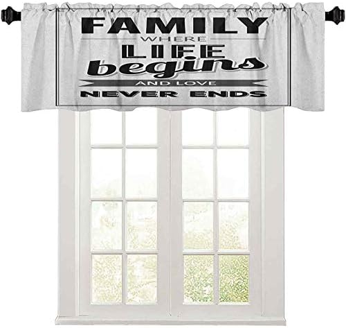 Kitchen Window Valance, Retro Calligraphy Motivational Quote Family Love Never Ends Message Framework, 36″ W x 18″ L Room Darkening Valances for Kitchen Windows, Black Silver Grey Kitchen Window Valance, Retro Calligraphy Motivational Quote Family Love Never Ends Message Framework, 36″ W x 18″ L Room Darkening Valances for Kitchen Windows, Black Silver Grey