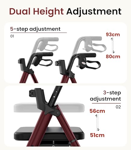 Rollator Walker with Seat and Wheels for Elderly, 4 Wheels Rollators for Seniors and Disabled, Walking Aid Foldable with Brake, Adjustable Handles and Seat Height, 8" All-Terrain Wheels, Red