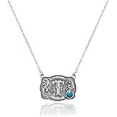 SNOWING WEST Western Belt Buckle Initial Necklace for Women, 925 Sterling Silver with Kingman Turquoise & Heart Charm, Vintage Burnished Finish, 19” Adjustable Chain