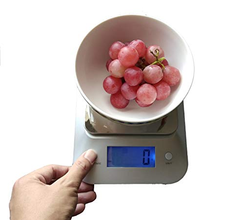 Electrical Digital Kitchen Multi Function Food Scale 0.04 oz / 1g Increment, 11 lb / 5 kg Capacity, Stainless Steel Platform & Extra Large Big Blue Back Lit Light LCD Display 2 AAA Batteries included