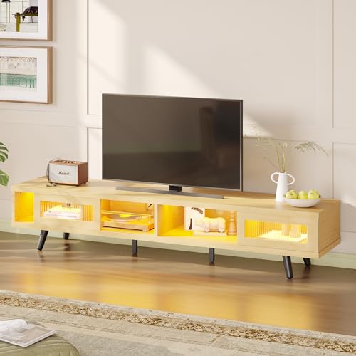 Bestier Mid Century Modern TV Stand for 75 inch TV, 70 inch TV Stand with Storage and Tempered Glass Sliding Doors, Low Profile TV Consoles, Stylish, LED Light, Modern, White Maple