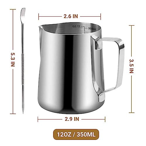 Milk Frothing Pitcher, 350ml/600ml (12oz/20oz) Milk Frother Cup Stainless Steel Jug Steaming Pitcher, Milk Coffee Cappuccino Latte Art Barista Steam Pitchers Milk Jug Cup with Decorating Pen