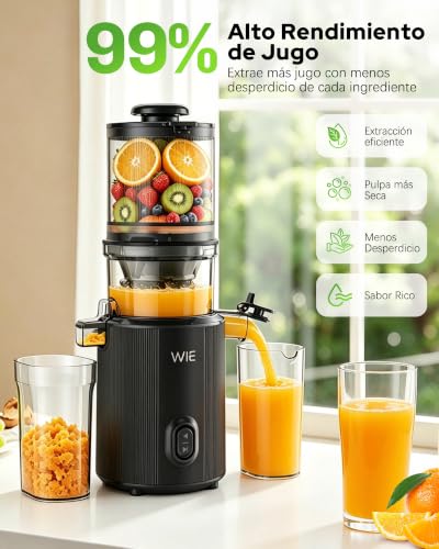 WIE Extractor de Zumos y Verduras 135 mm Boca Ancha, Slow Juicer 300W Prensado en Frío, Capacidad 2,2 L, Licuadora Prensado en Frío para Frutas y Verduras Enteras, Fácil Montaje y Limpieza, Sin BPA