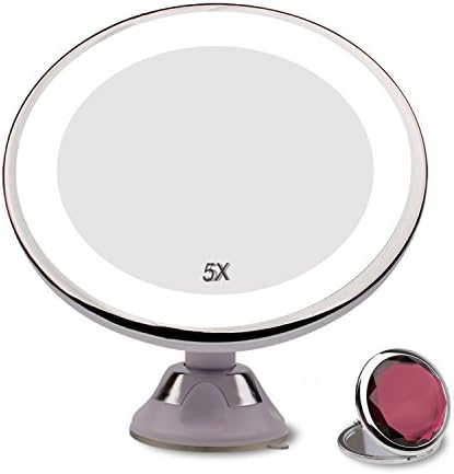 Cozytek 5X Magnifying Lighted Makeup Mirror,Bathroom Vanity Mirror with Warm LED Light,360 Degree Rotation Battered Operated Makeup Mirror with Power Locking Suction Cup and Base(White)
