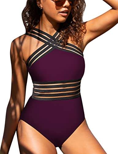 Mycoco Women's One Piece Swimsuit Crosscriss High Neck Bathing Suits Slim Swimwear Fuchsia M/8-10 at Amazon