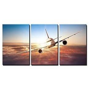 3 Piece Canvas Wall Art - Commercial Airplane Flying Above Clouds in Dramatic Sunset Light - Modern Home Art Stretched and Framed Ready to Hang - 16"x24"x3 Panels
