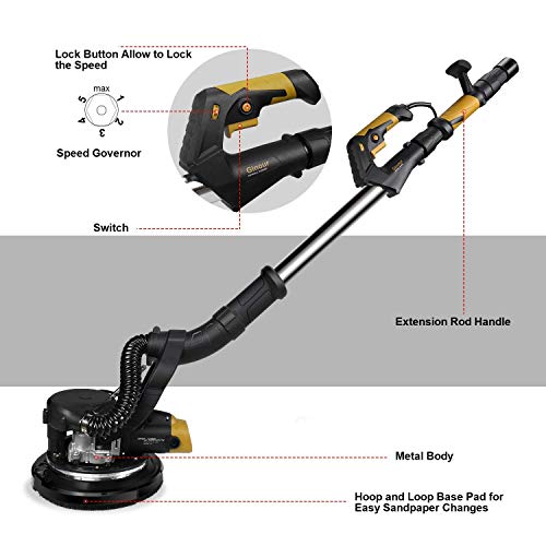 Ginour 360° 750W Drywall Sander With Vacuum Attachment, Variable Speed & LED Light, Extendable Handle, Long Dust Hose, Storage Bag, 6 Sanding Discs - Thumbnail 2