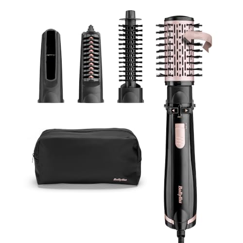 BaByliss Dry, Straighten and Style - Rotierende Warmluftbuerste, 1000W Ionen Rundbuerstenfoehn mit 4 Aufsaetzen zum Foehnen, Glaetten, Volumen kreieren, Schwarz, AS200E