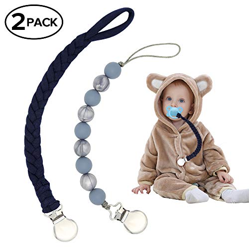Pacifier Clips, Pack of 4 Hand-Made Braided Pacifier Leash for Boys& Girls, Flexible Baby Teething Ring Holders for All Pacifiers, Teether Toys, Soothie (2 Pack(Dark Gray+ Navy Blue))