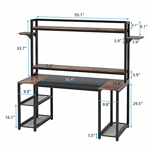 TIYASE Computer Desk with Hutch and Storage Shelves, 55 inch Home