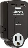 Accell 3-Outlet Travel Surge Protector with 2x USB Charging Ports and Folding Plug - Black, 612 Joules, 2.1A USB Output, ETL Listed