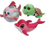 Ty Beanie Boos Pink Surf Dolphin - Green Zippy Turtle - Ballz Rainbow Fish-set of 3 marine creatures - 6