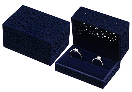 Hollow Velvet Ring Box Velvet Jewelry Box for Rings Couple Double Ring Bearer Box Engagement Gift(Dark Blue) - Thumbnail 7