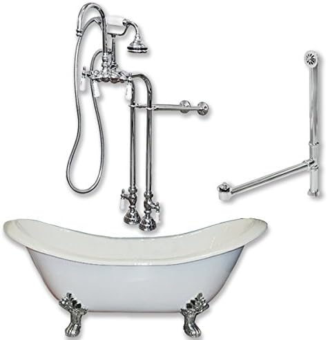 Cambridge Plumbing DE60-DH-CP Cast Iron Double Ended Claw Foot Tub 60" X 30" with 7" Deck Mount Faucet Drillings and Polished Chrome Feet