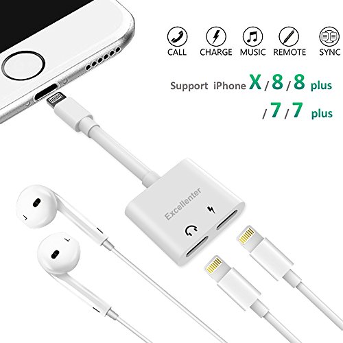 Iphone 7 Adapter & Splitter, Excellenter 2 in 1 Dual Lightning Headphone Jack Audio + Charge Cable Adapter,Support Sync,Music Control,Charge(Compatible for iOS 10.3 or later)