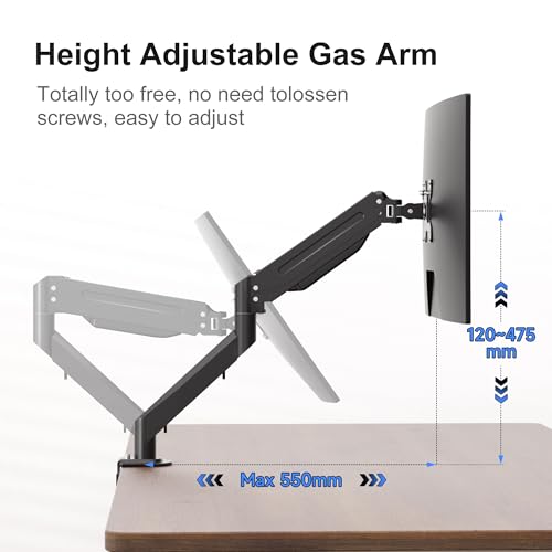 Suptek Single Monitor Arm Gas Spring, Monitor Arm Desk Mount for 17-35 inch Monitors up to 11kg, Tool Free Height Adjustable Screen Arm with Tilt Swivel Rotation, VESA 75/100mm, C-clamp/Grommet Option