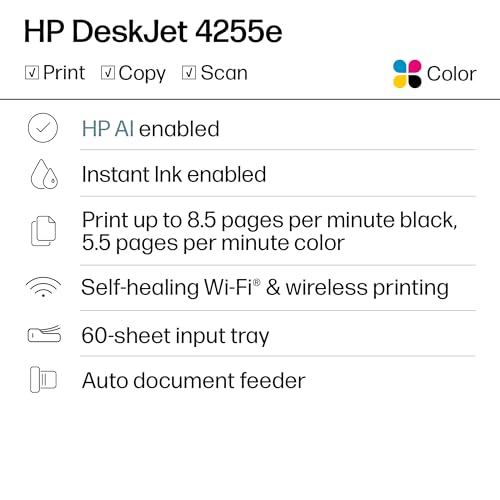HP DeskJet 4255e Wireless All-in-One Color Inkjet Printer, Scanner, Copier, Best-for-Home, 3 Month Instant Ink Trial Included, AI-Enabled (588S6A)