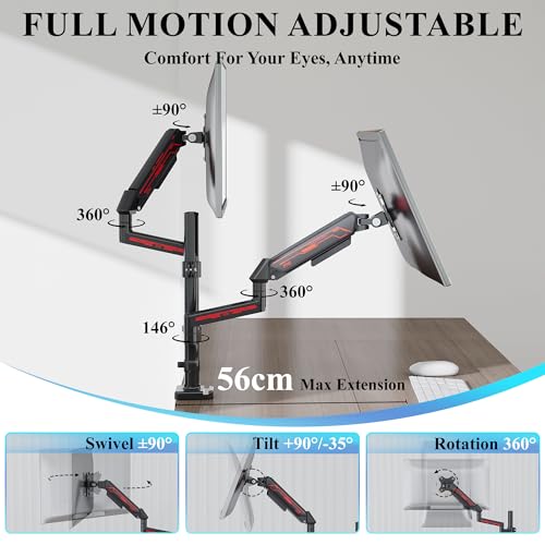 ETHU Dual Vertical Monitor Mount for 17-32 inch Screens, Height Adjustable Gas Spring Monitor Stand with 2 Arms, VESA 75x75/100x100, Each Arm Holds 2-9kg, C-Clamp and Grommet Base, Black