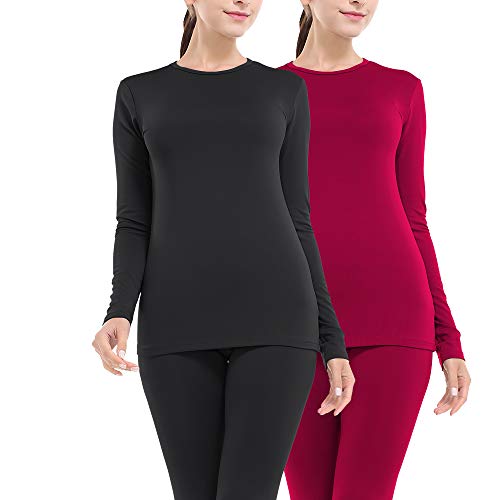 MANCYFIT Thermal Underwear for Women Long Johns Set Fleece Lined Ultra Soft 2 Pack Black/Red X-Large