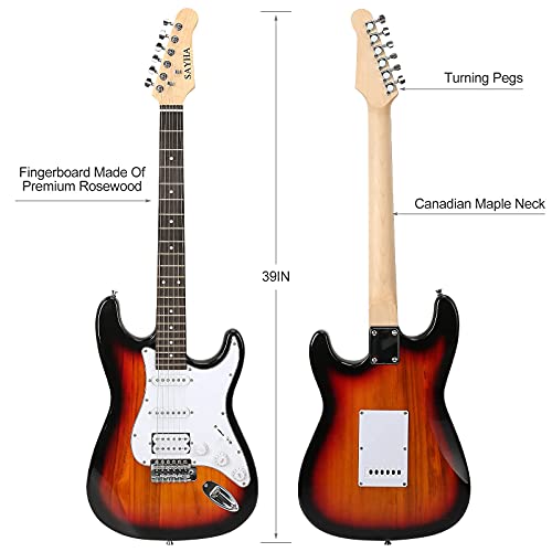 SAYHA Electric Guitar, 39 Inch Solid Full-size Electric Guitar HSS Pickups Starter Kit Includes Amplifier, Bag, Digital Tuner, Strap, String, Cable, Picks (Sunburst)
