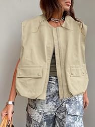 Tankaneo Womens Casual Zip Up Vest Cargo Oversized