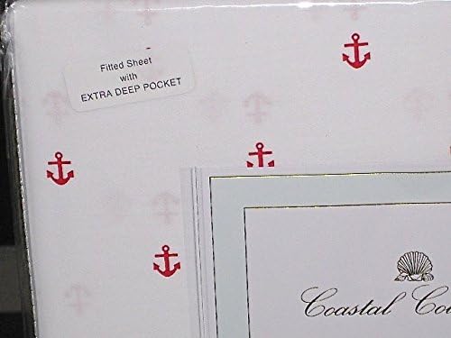 HILLCREST coastal collections 4pc COTTON KING SIZE RED ANCHORS on White Sheet Set King