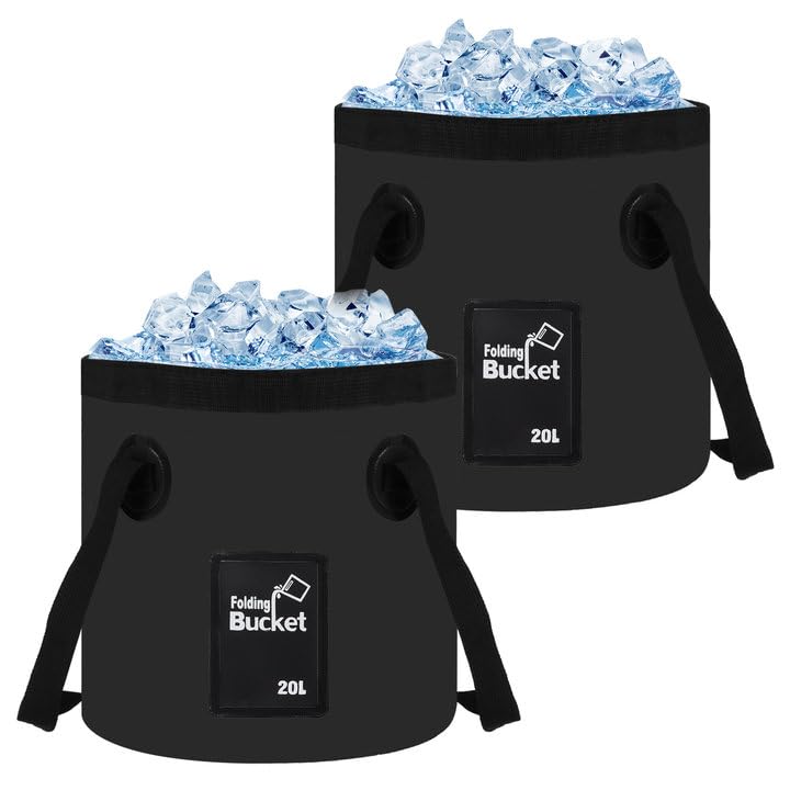GBACHOOSE 2 Pack 20L Folding Water Bucket, Black Portable Collapsible Buckets, Outdoor Multifunctional PVC Folding Bucket for Camping, Traveling, Hiking, Fishing, Gardening, Car Washing