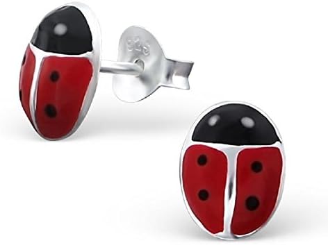 925 Sterling Silver Hypoallergenic Black &amp; Red Lady Bug Stud Earrings for Girls 13008