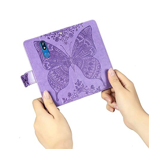 LG K40 Case,LG K12 Plus Case,LG X4 2019 Case,Embossing Mandala Butterfly Rose Vine Flip Wallet Case PU Leather Stand Card Slots Case Cover + Dust Plug Stylus for LG K40 Wallet Case,Light Purple