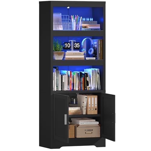 TEENFON Bookshelf with 16 Color Lighting Modes, Bookcase with 2 Doors and Adjustable Shelf, Floor Standing 5 Shelf Display Storage Shelves, Tall Bookcase for Home Office, Living Room, Black