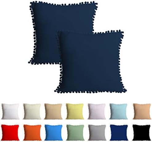 Queenie - 2 Pcs Light Weight Solid Color Cotton Pom Pom Pillow Cover Pom-Fringe Throw Pillowcase Available in different Colors And Sizes (15.75 x 15.75 Inch (40 x 40 cm), Navy Blue)