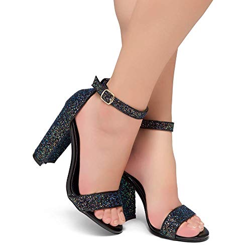 Herstyle Rosemmina Womens Open Toe Ankle Strap Chunky Block High Heel Dress Party Pump Sandals BlackGlitter 6.0
