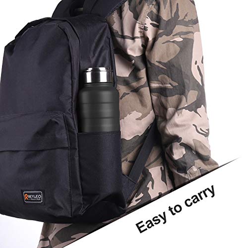 REYLEO Insulated Water Bottle with Straw Lid- 24 Oz Black, 2 Lids, 18/8 Stainless Steel Water Bottle, Keep Cold 24 Hours& Hot 8 Hours, Standard Mouth with Straw Lid