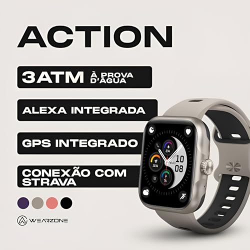 Smartwatch Action com GPS Integrado, Alexa, Tela AMOLED, Strava, Resistência 3ATM, Fitness e Notificações Inteligentes Pulseira Respirável(Prata)