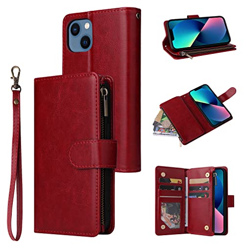 RANYOK Wallet Case Compatible with iPhone 13 (6.1 inch), PU Leather Zipper Flip Folio Wallet RFID Blocking with Wrist Strap Magnetic Closure Built-in Kickstand Protective Case -Red