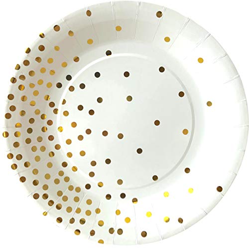 Disposable Plates - Serves 24-72 Piece White Paper Party Plates and Cups Set with Gold Foiled Confetti Polka Dots Party Supplies - 9" Plates, 7" Plates, 9oz Cups for Birthday Baby Shower