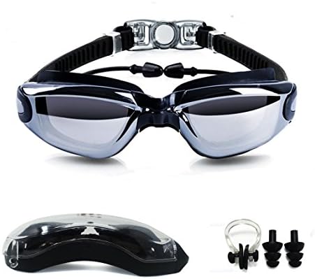Adults Swim Goggles with Earplugs, Waterproof , Anti-fog And UV Shield Function For Adults, Men, Women, Kids (Black, Mirrored)
